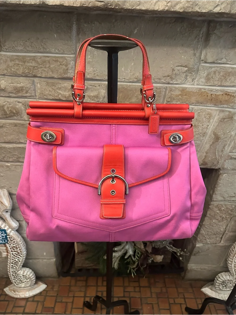 Vintage Coach Pink and Orange Hampton turnlock Canvas Tote with Buckle Front
